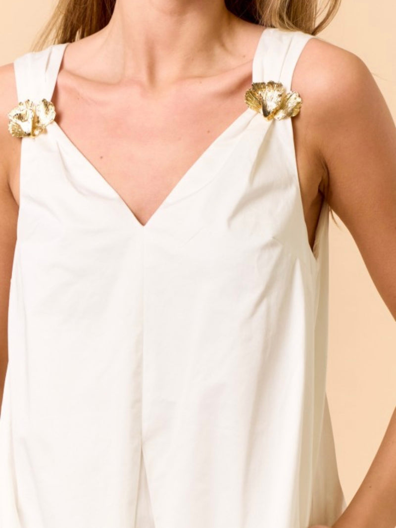 Textured Flower Detail Shirred Ivory Short Dress