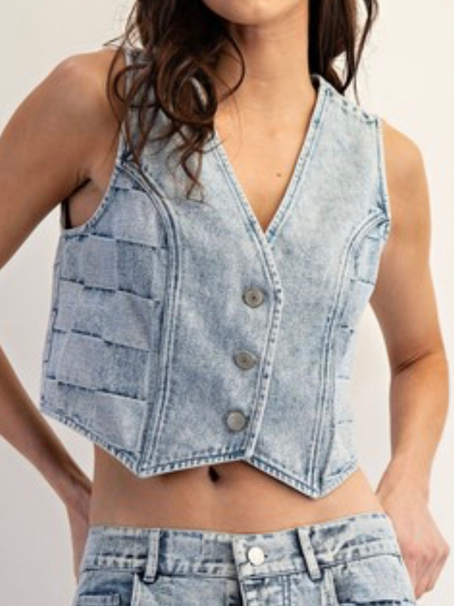Checker Print Denim Vest