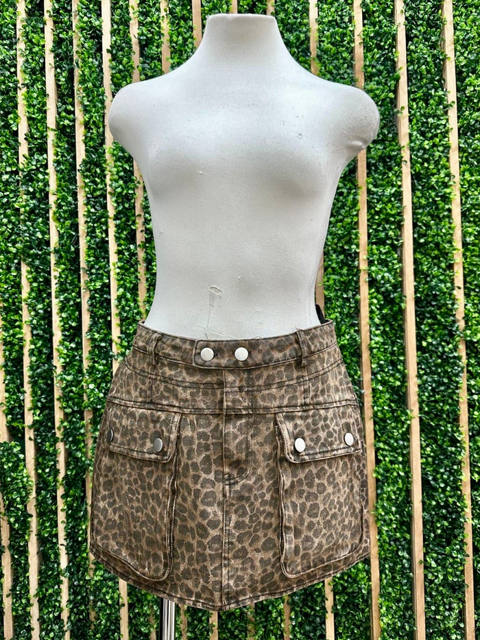Brown Leopard Pocket Detail Short Skirt