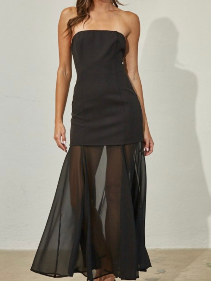Black Chiffon Contrast Strapless Maxi Dress