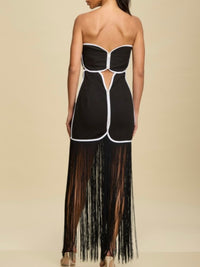 Beautiful Black Strapless Fringe Linen Midi Dress