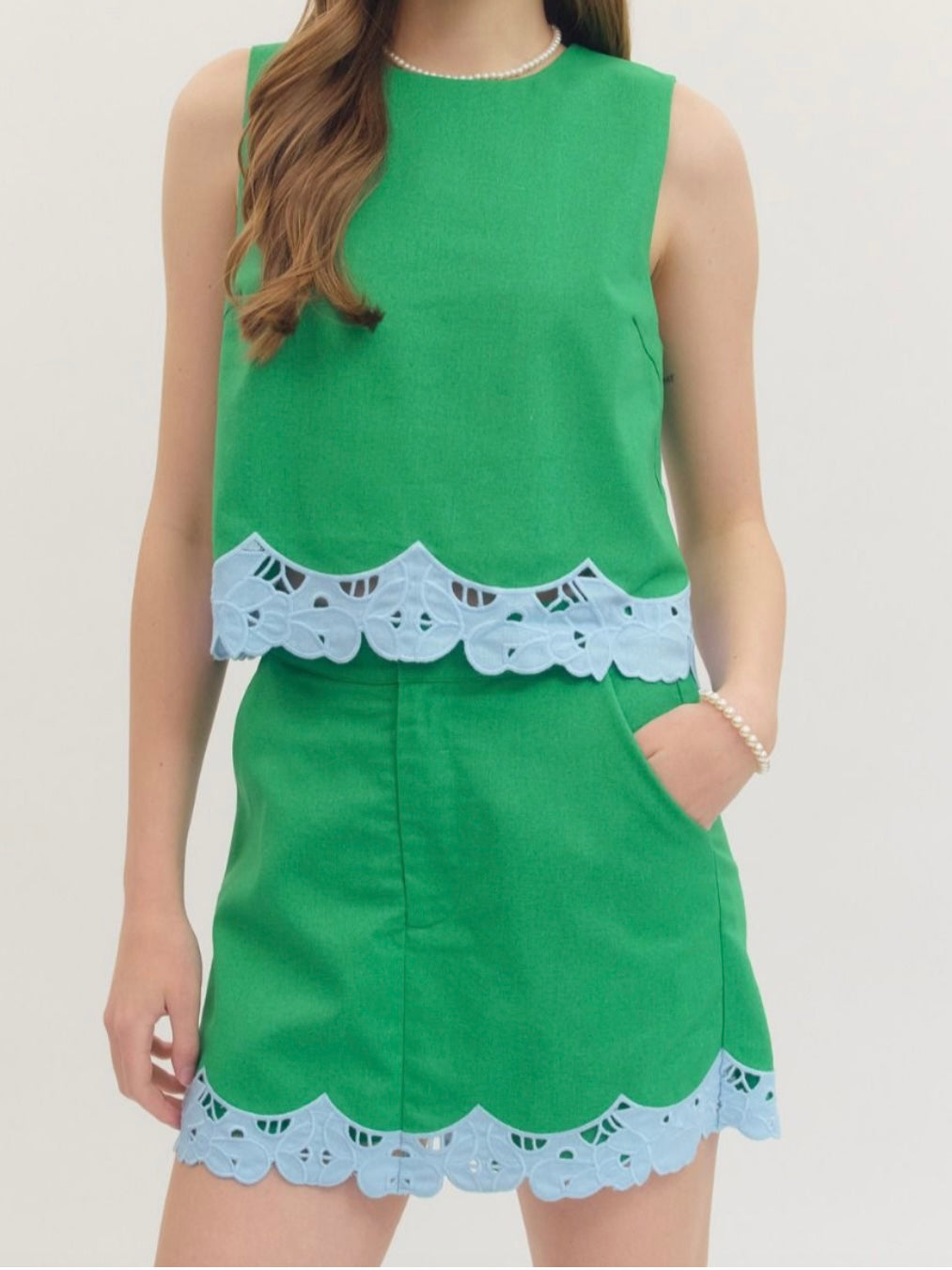 Green Lace Detail Sleeveless Crop Blouse
