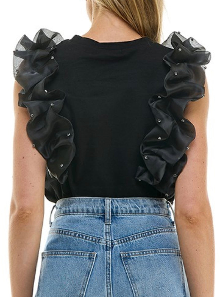 Black Ruffle Trim Top