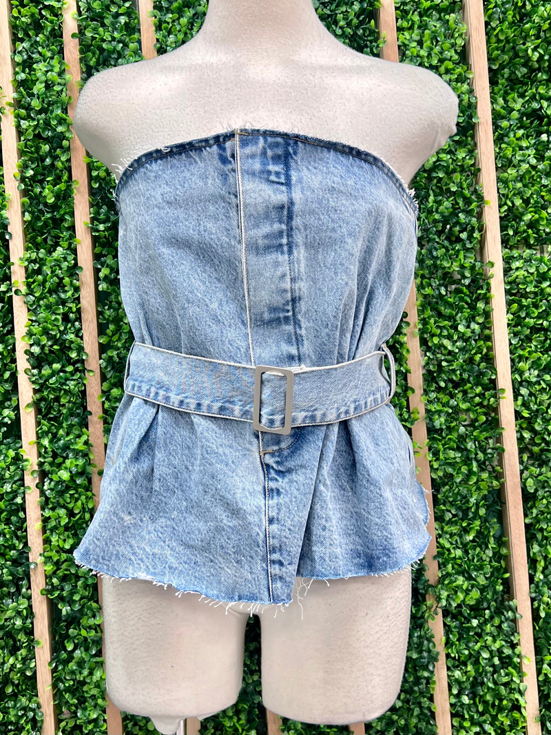 Belted Denim Bustier Top