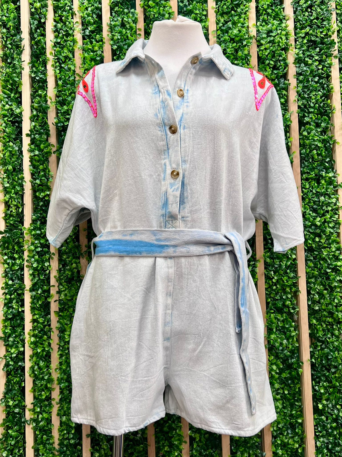 Beautiful Loose Fit Embroidered Flower Denim Romper