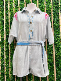 Beautiful Loose Fit Embroidered Flower Denim Romper