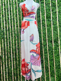 Red White Floral Halter Draped Top