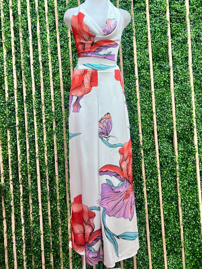Red White Floral Halter Draped Top