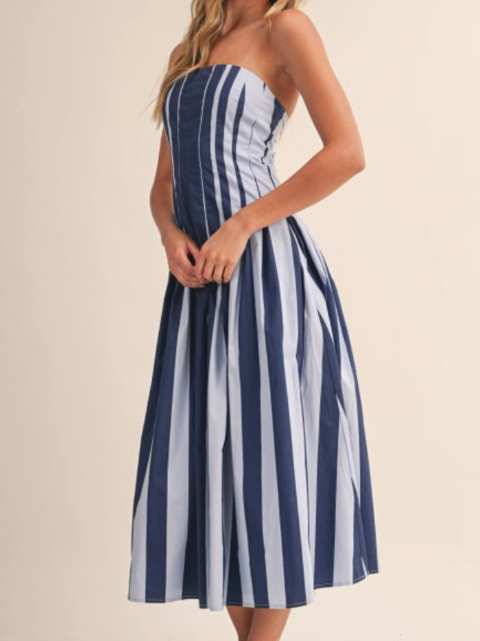 Nautical Stripe Strapless Midi Dress