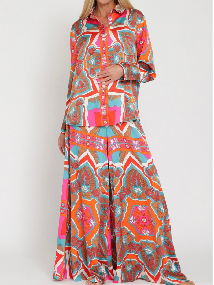 Fuchsia Tangerine Print High Waist Pant