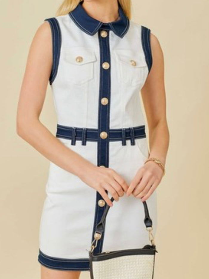 Denim Trim White Fitted Button Down Dress