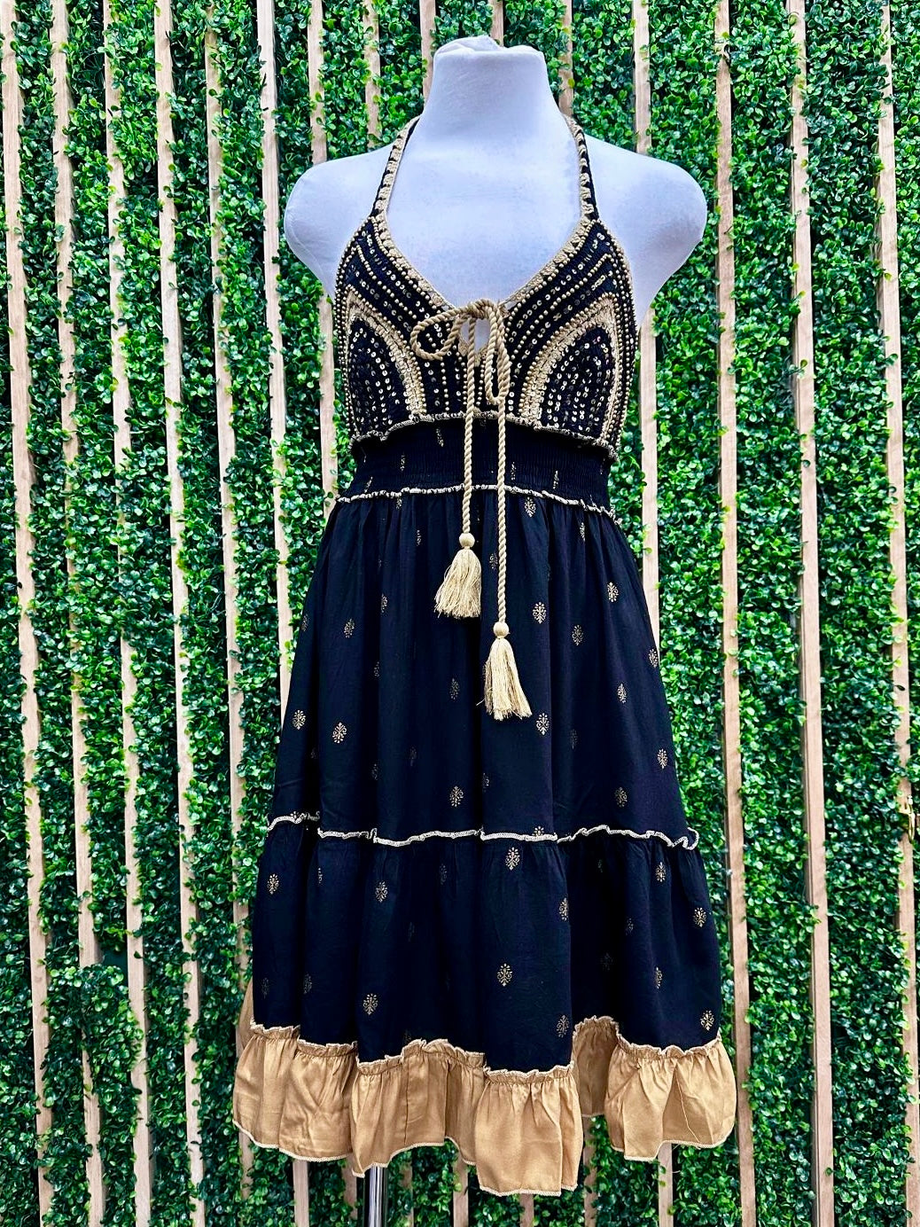 Black Lurex Mix Beaded Halter Short Dress