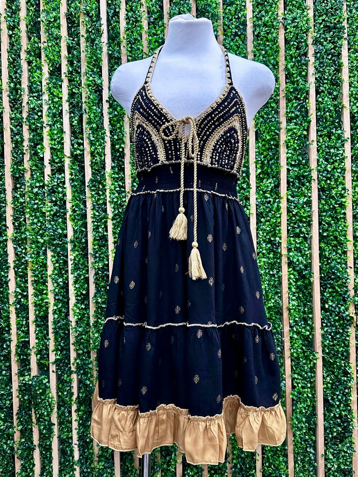 Black Lurex Mix Beaded Halter Short Dress