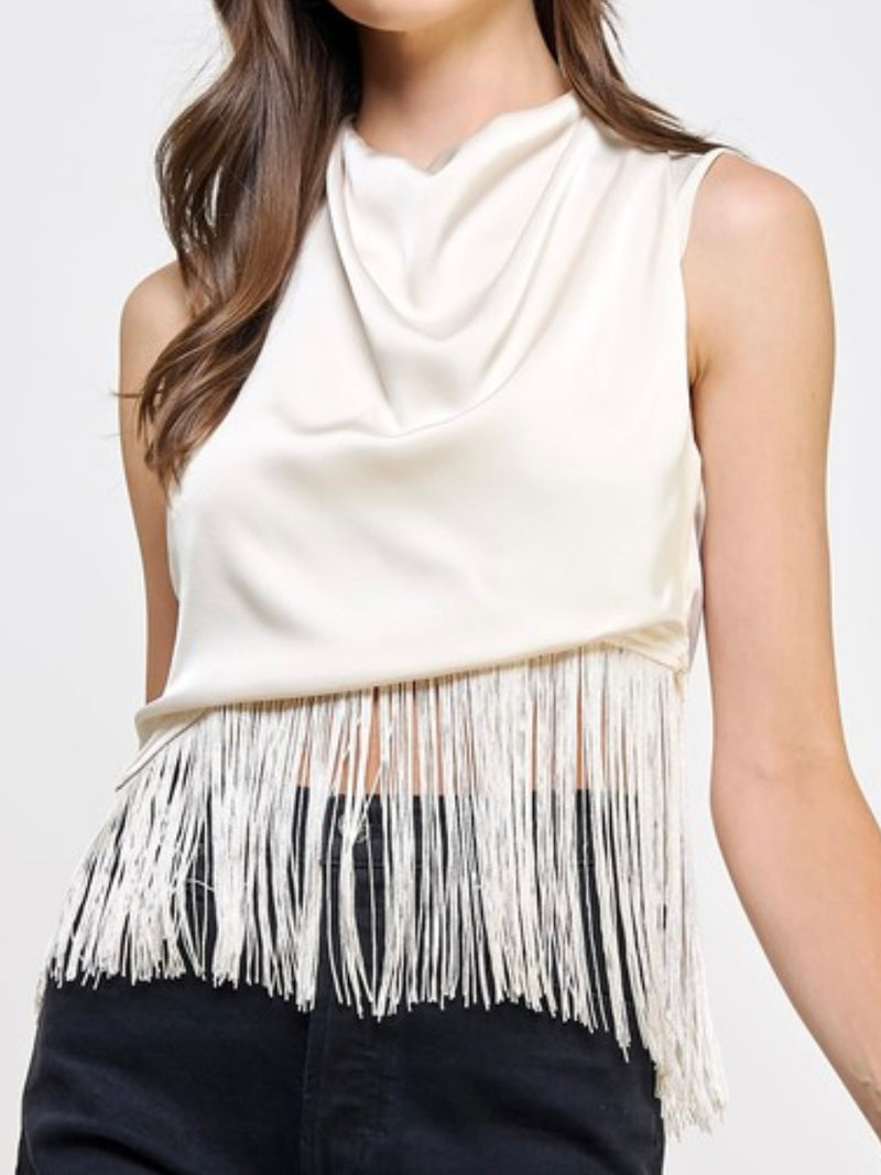 Cowl Neck Fringed Satin Top