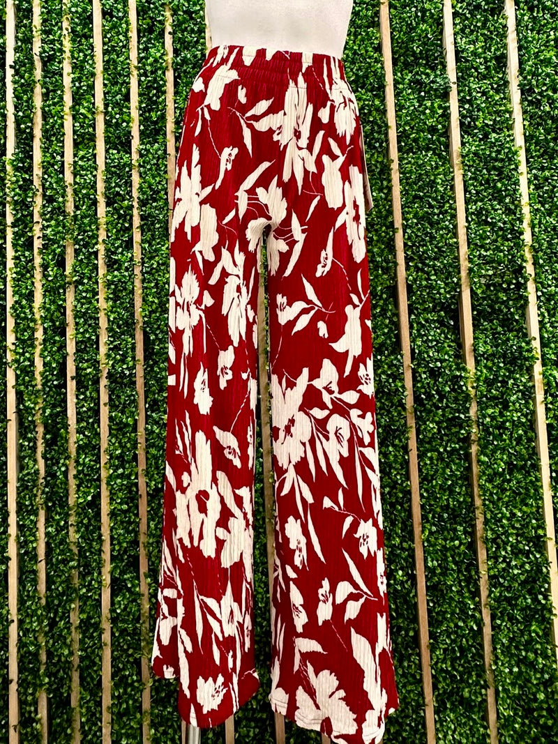 Red Floral Crinkled Pant Set