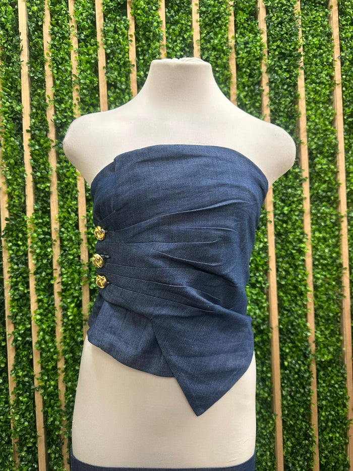 Dark Denim Ruched Detail Strapless Top