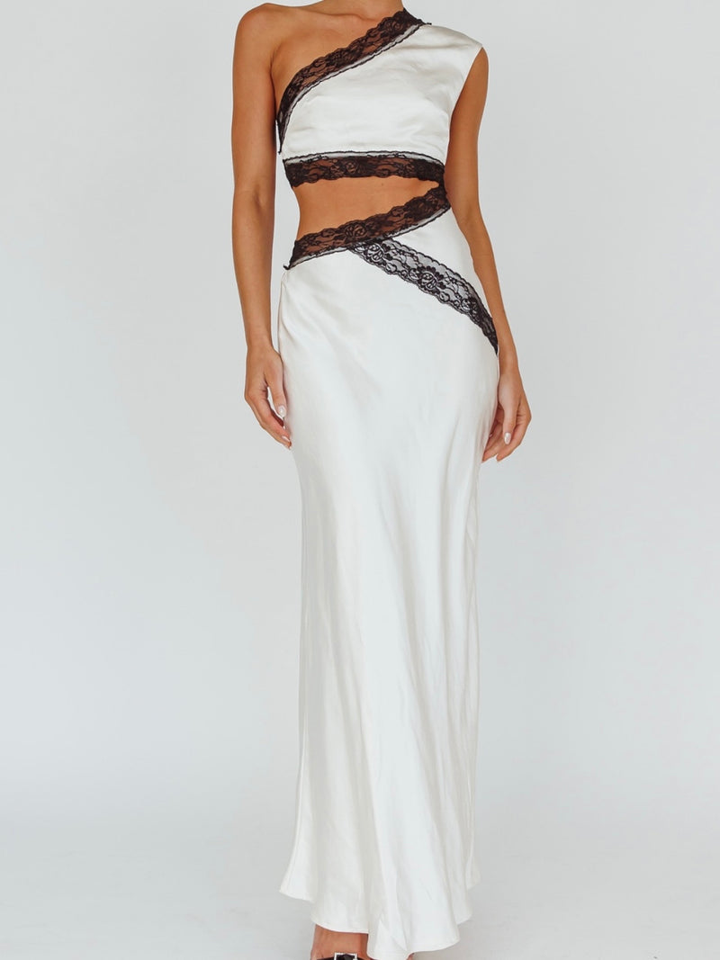 Elegant Ivory Lace Trim One Shoulder Satin Dress