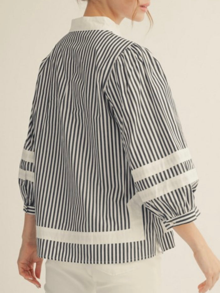 Black Ivory Stripe Balloon Sleeve V Neck Blouse