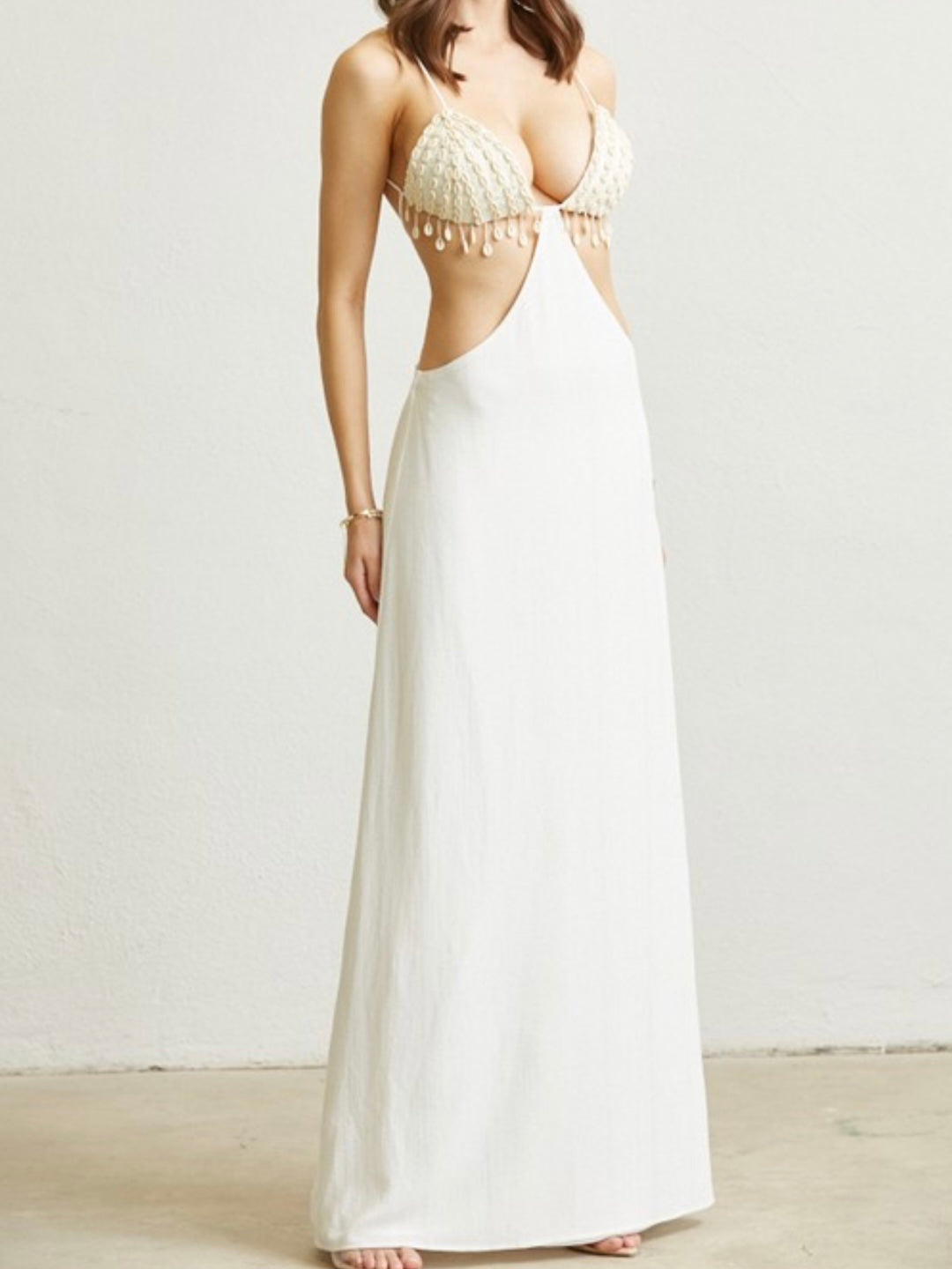 Ivory Lurex Seashell Detail Cutout Maxi Dress