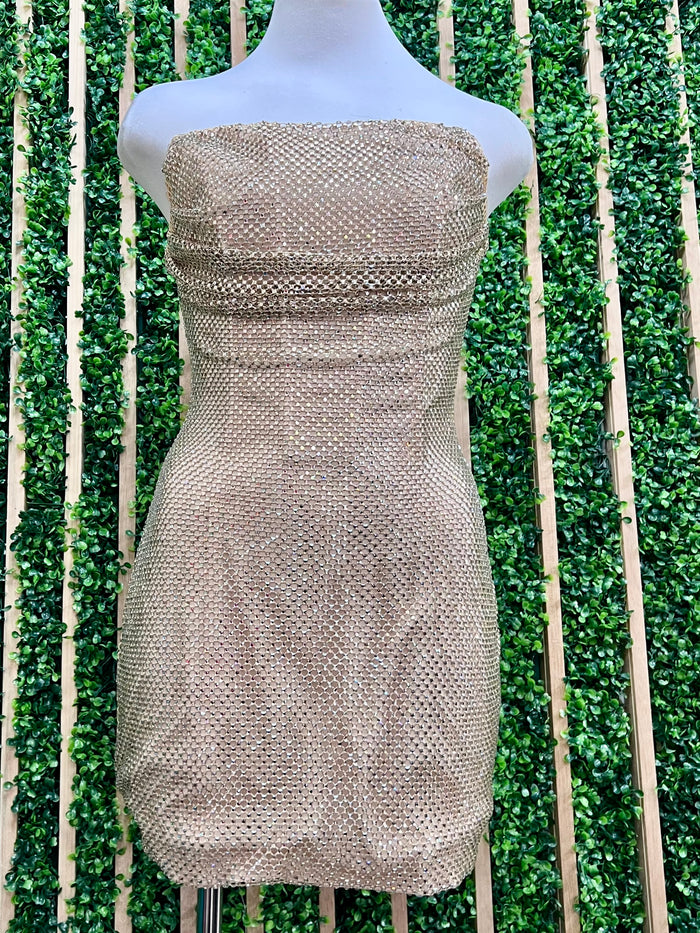 Beautiful Gold Crystals Fitted Strapless Short Dress