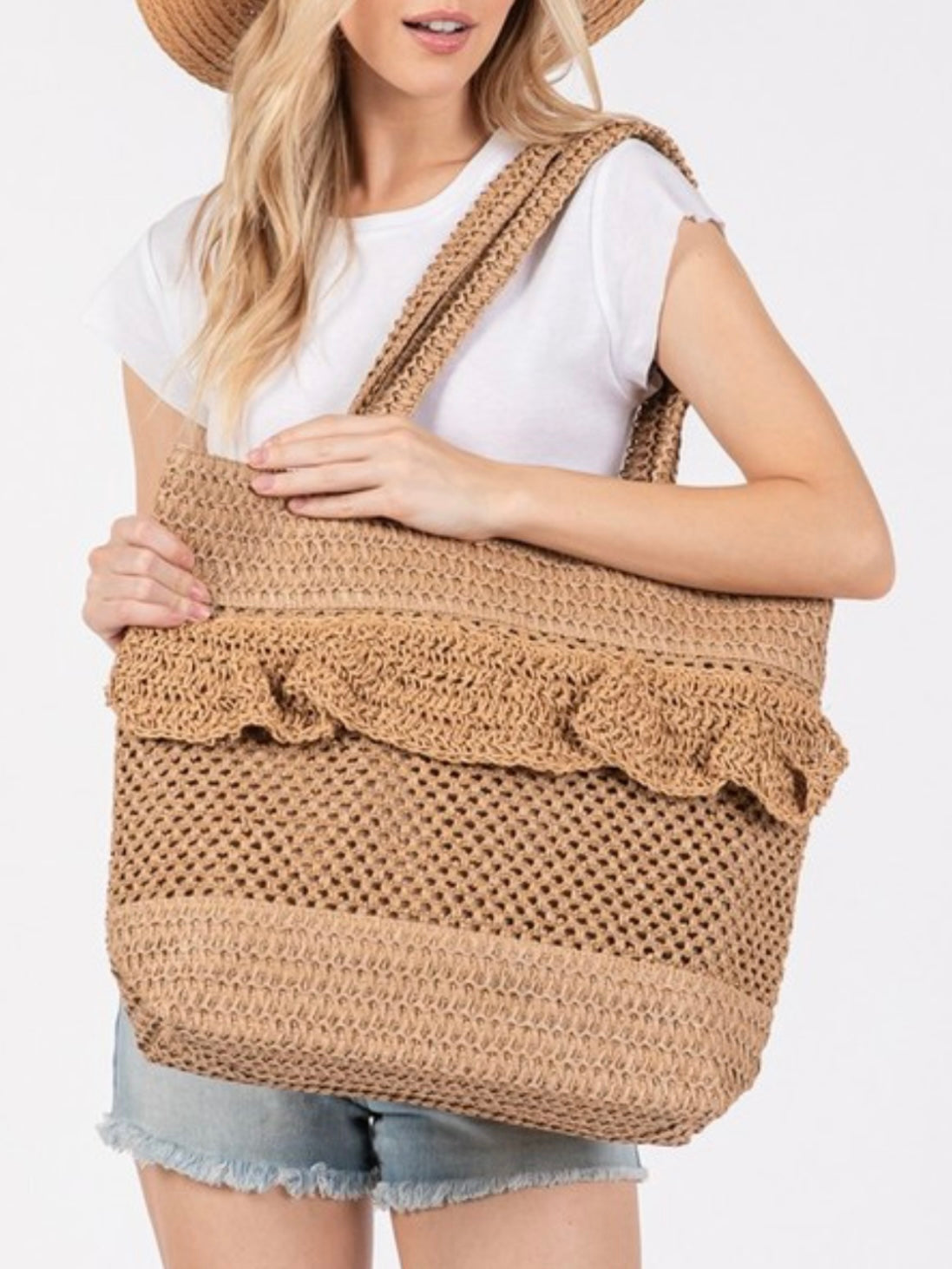 Ruffle Detail Crochet Straw Bag