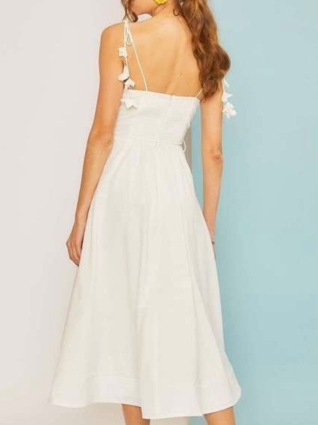 Beautiful White Bustier Shoulder Tie Midi Dress