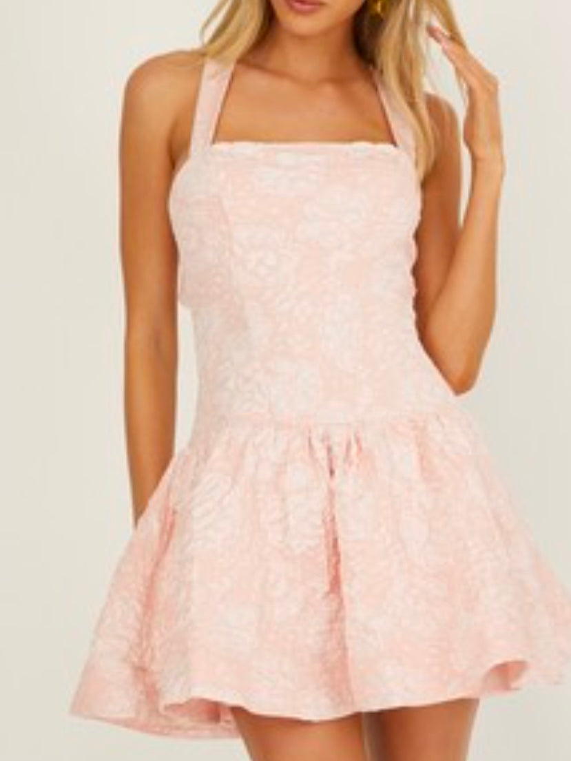 Pink Jacquard Square Neck Short Dress