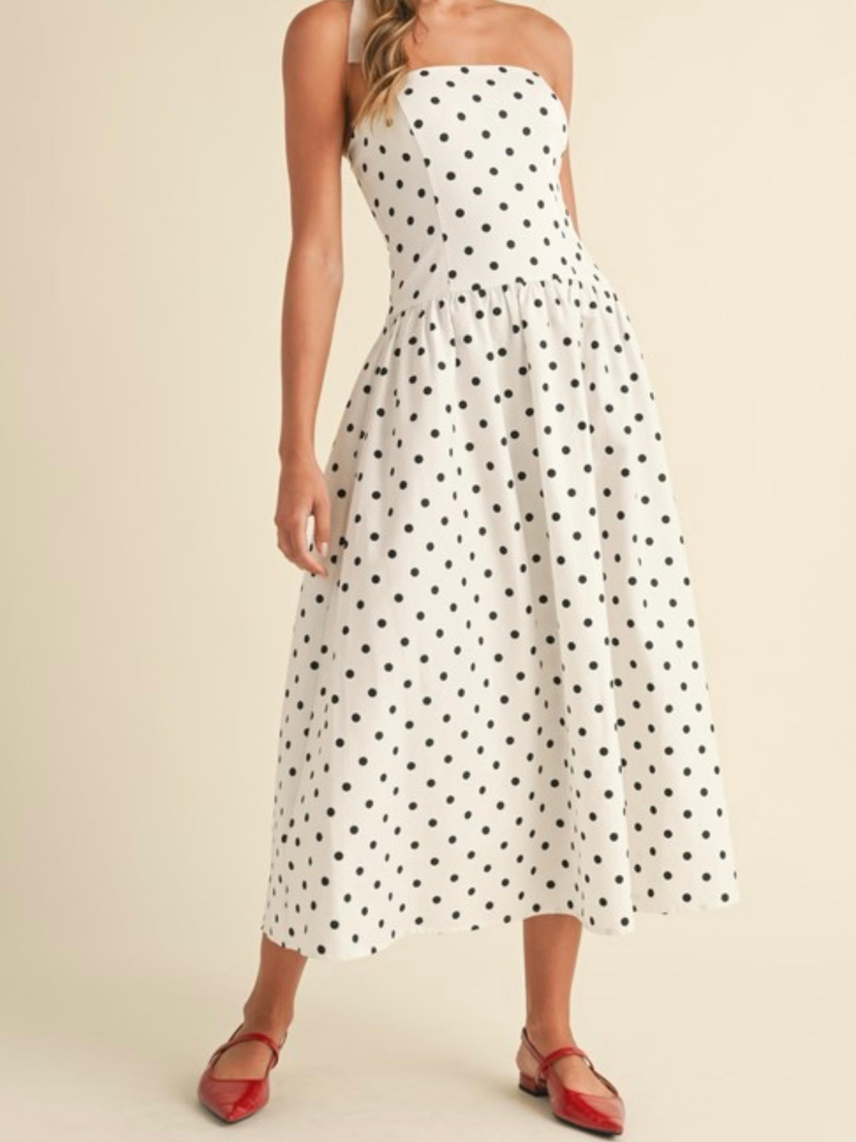 Strapless Polka Dot Drop Waist Midi Dress