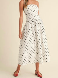 Strapless Polka Dot Drop Waist Midi Dress