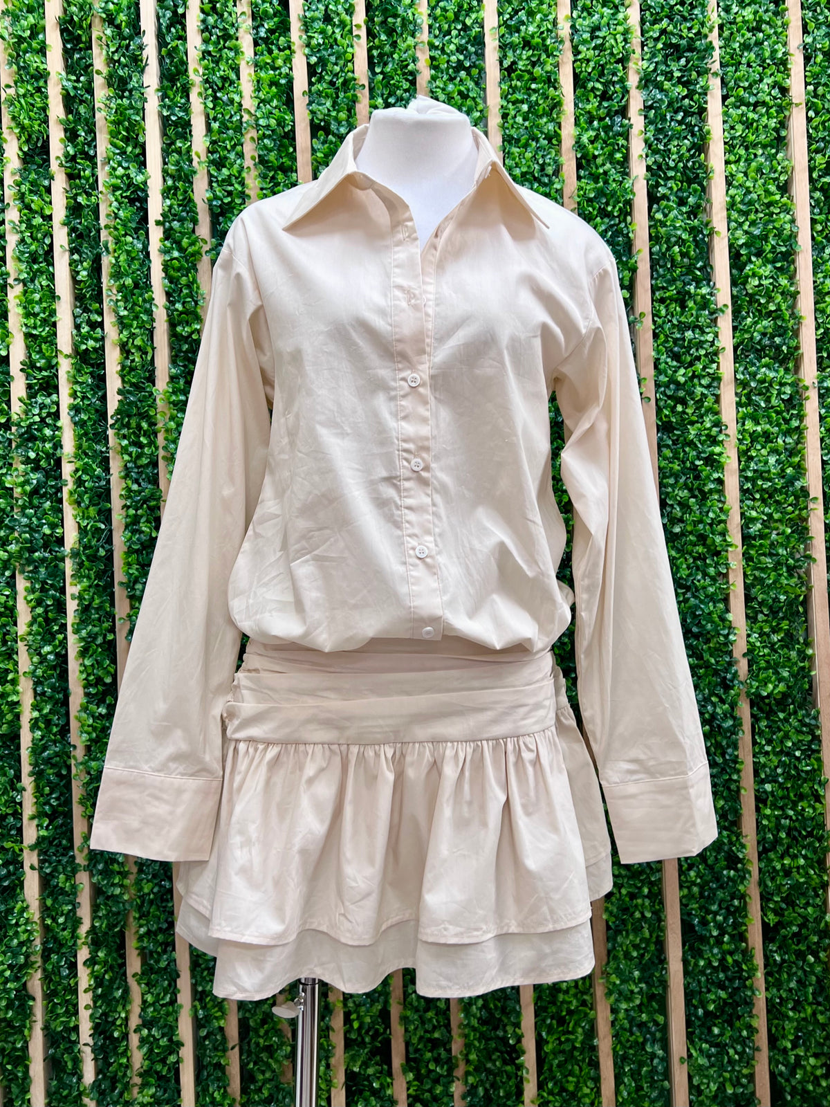 Ivory Shirring Waistband Drop Waist Blouse Dress
