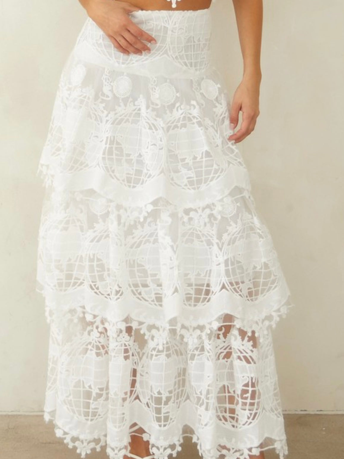 Exquisite White Lace Tiered Maxi Skirt