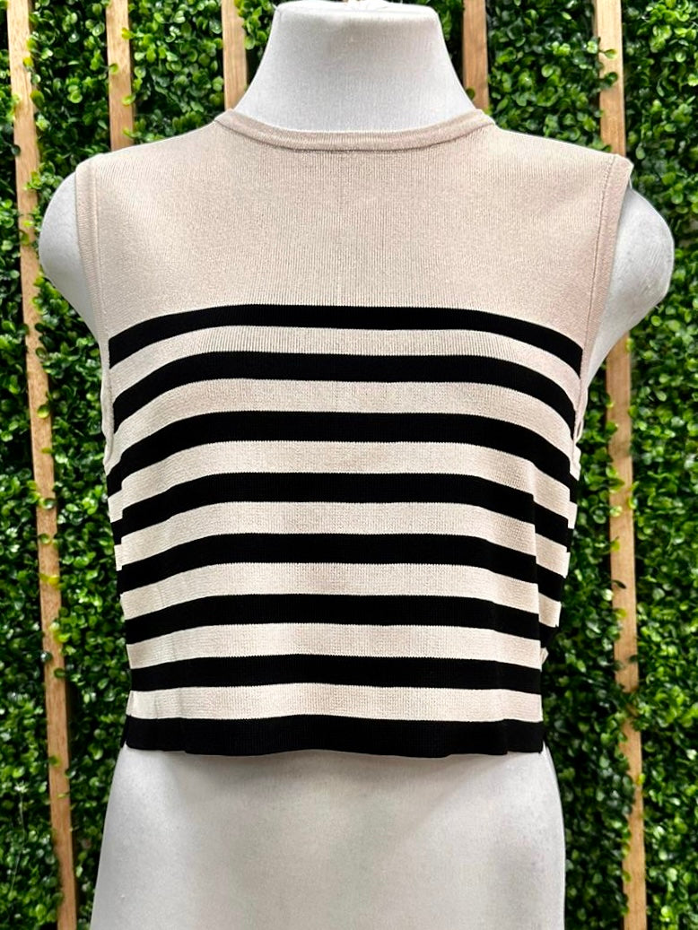 Beige Black Striped Knit Sleeveless Top