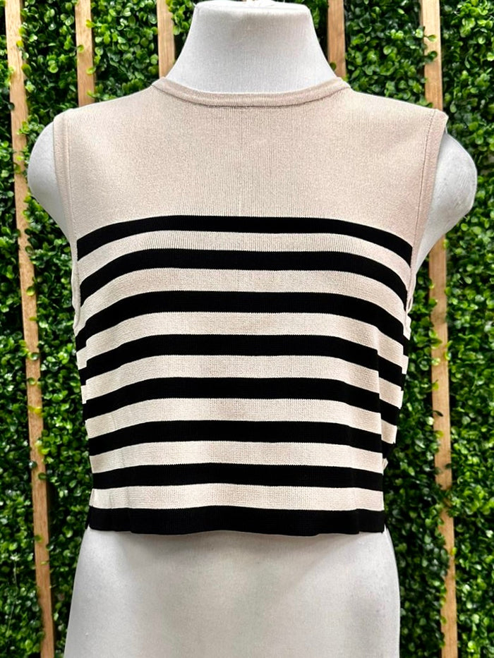 Beige Black Striped Knit Sleeveless Top