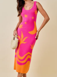 Pink & Orange Tropical Knit Midi Dress