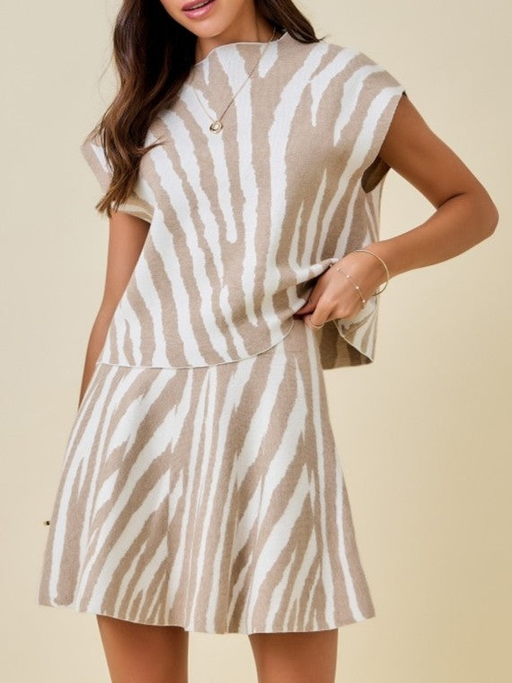 Beige & Ivory Zebra Print Knit Mini Skirt Set
