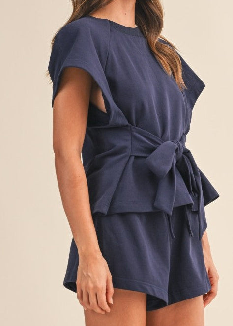 Navy Short Sleeve Knit Top And Short Pants Set