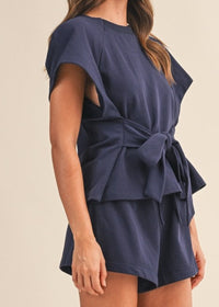 Navy Short Sleeve Knit Top And Short Pants Set