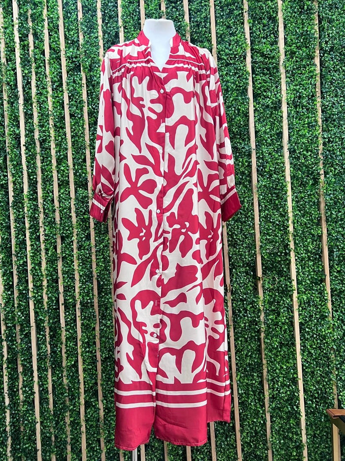 Red PrintV Neck Maxi Dress