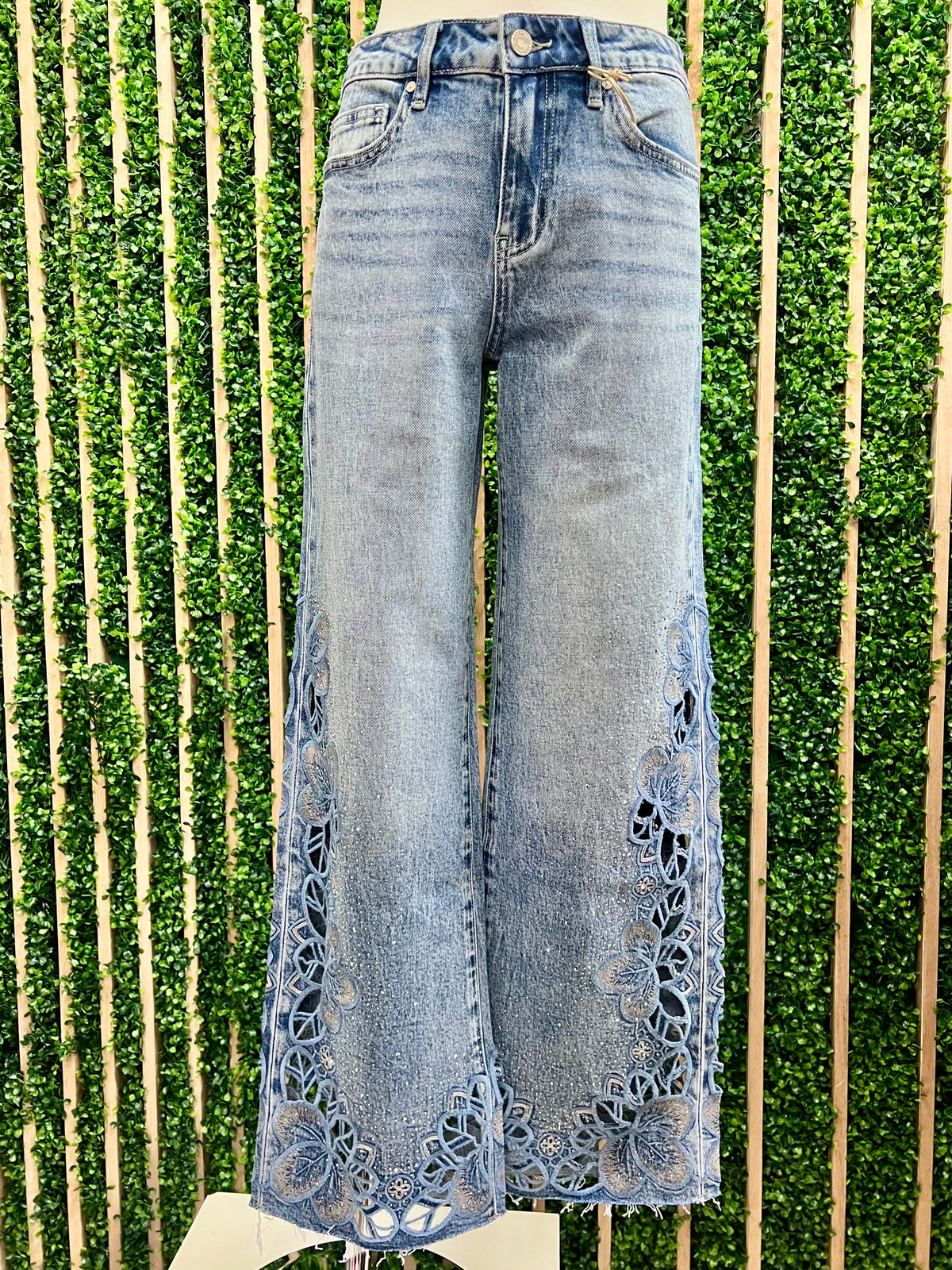 Beautiful Rhinestone & Lace Legs Wide Leg Denim Pant