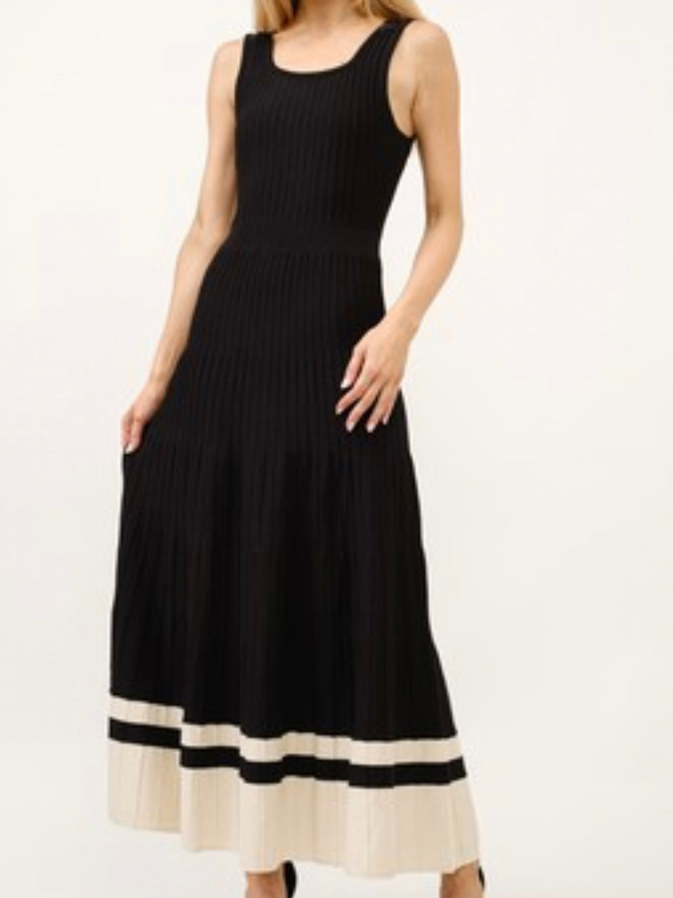 Black White Trim Knit Midi Dress