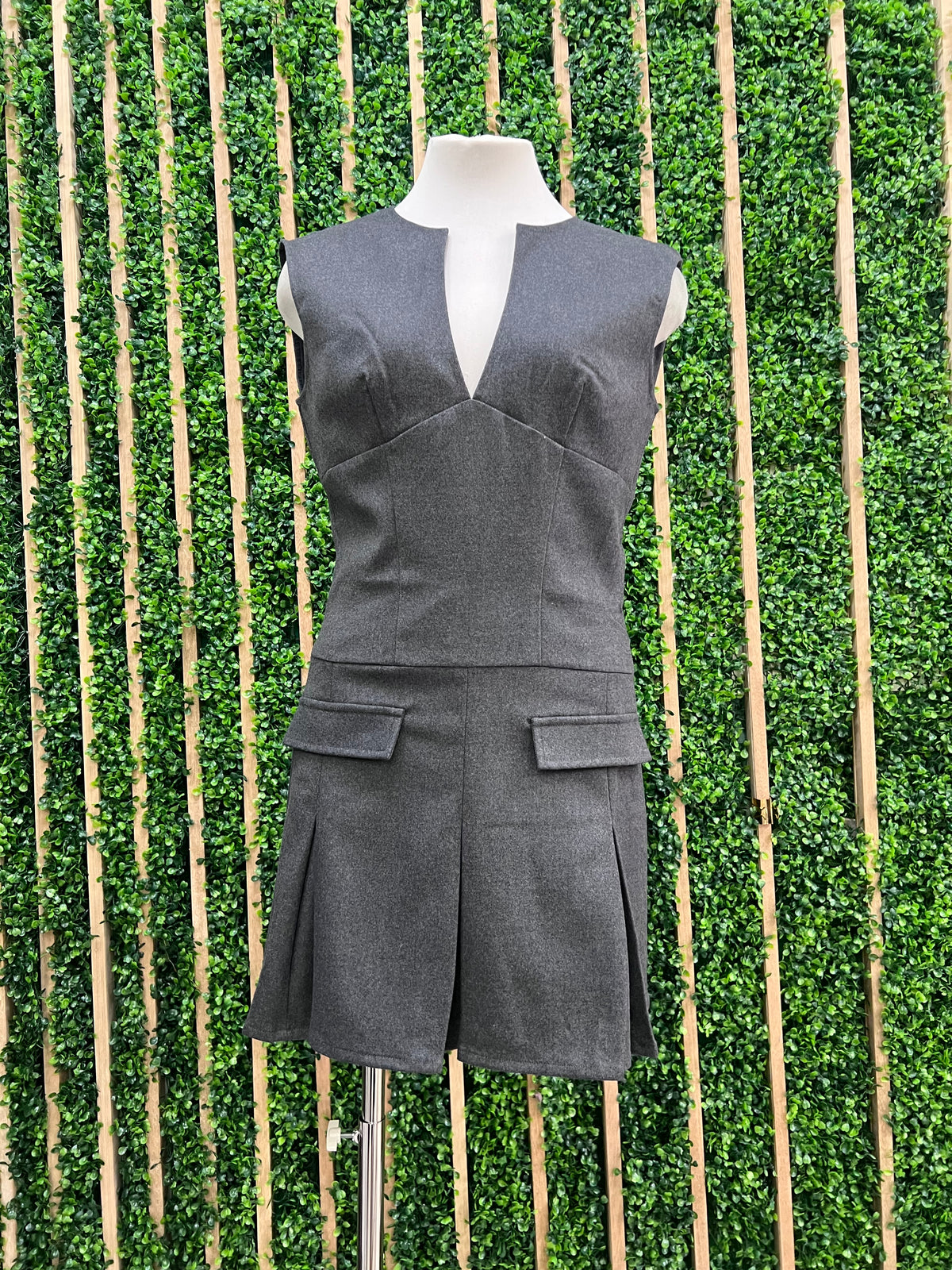 Grey V neck Pleated Short Dress