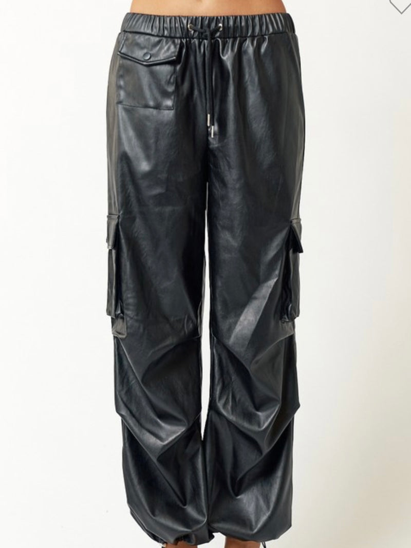 Black Pleather Parachute Cargo Pants