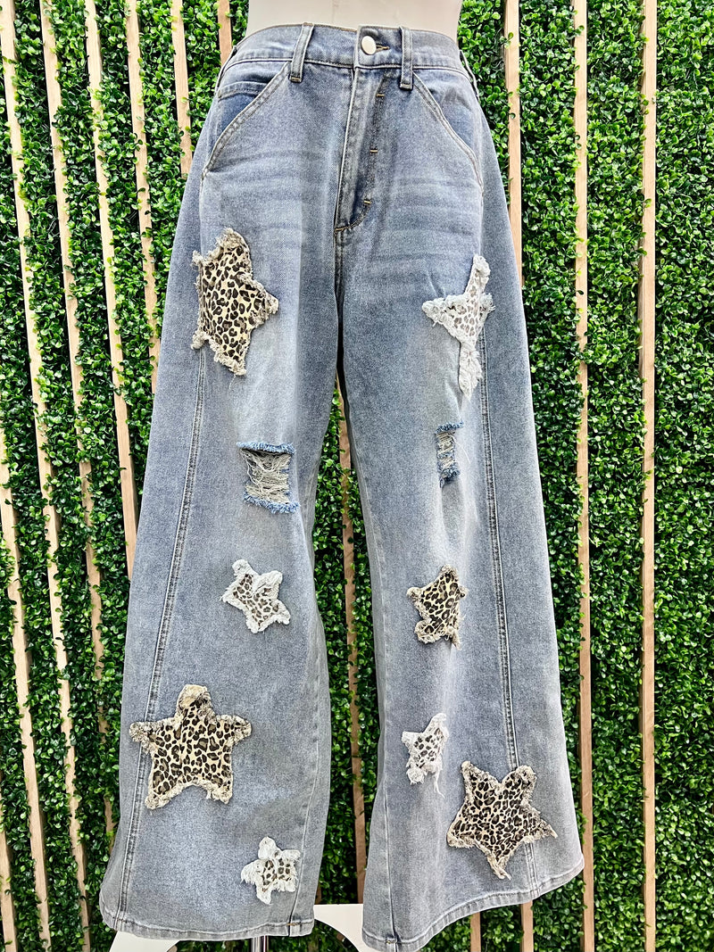 Leopard Star Patch Loose Fit Denim Pants