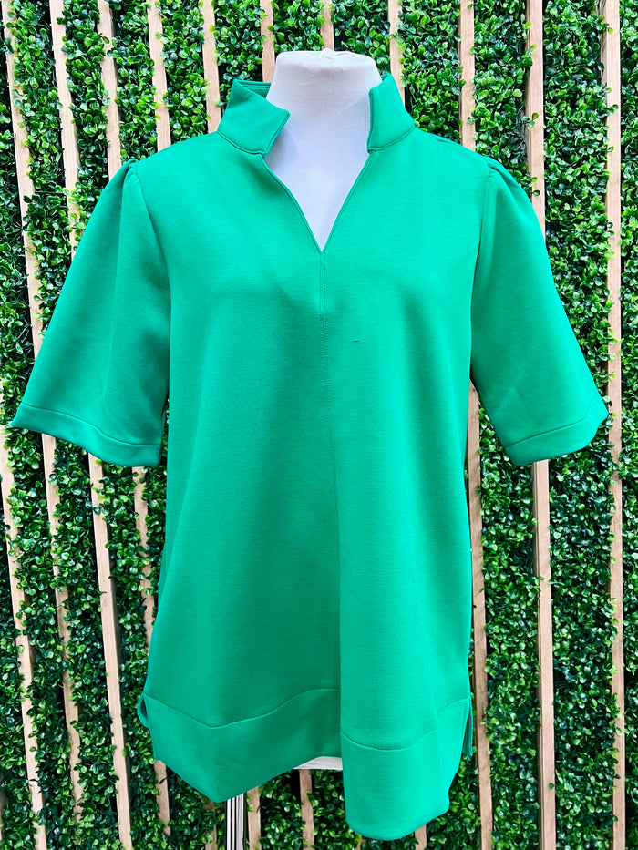Green Standing Collar Mid Sleeve Blouse