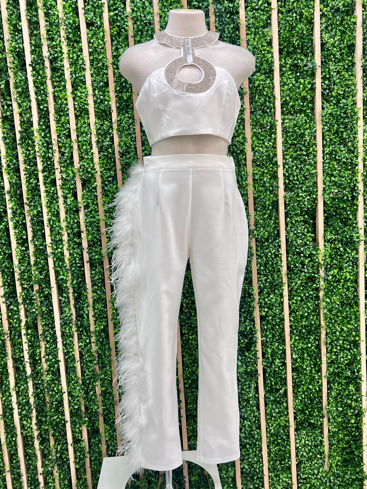 Rhinestone and Feather Detail Pant Set