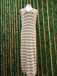 Striped Knit V Neck Sleeveless Maxi Dress