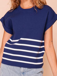 Navy Ivory Roll Up Stripe Sweater