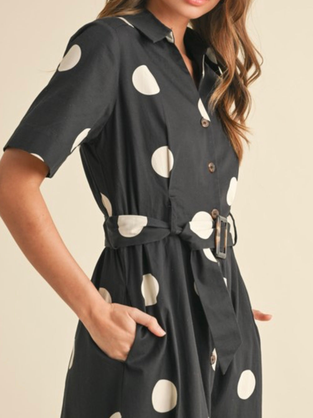 Black Polka Dot Button Down Blouse Midi Dress