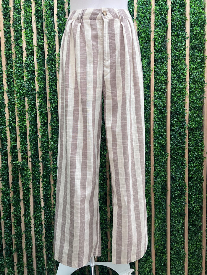 Beige & Ivory Striped Wide Leg Pants