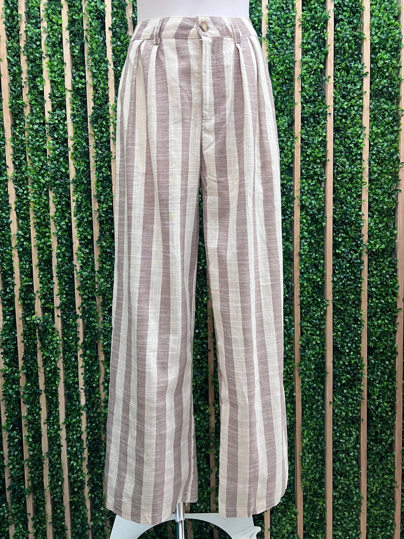 Beige & Ivory Striped Wide Leg Pants